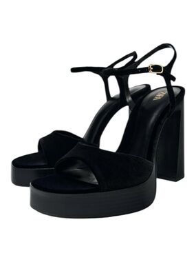 Zara Velvet Effect Platform Sandals Heels Women Sz 41 / 10 Black Block Heel NWOT